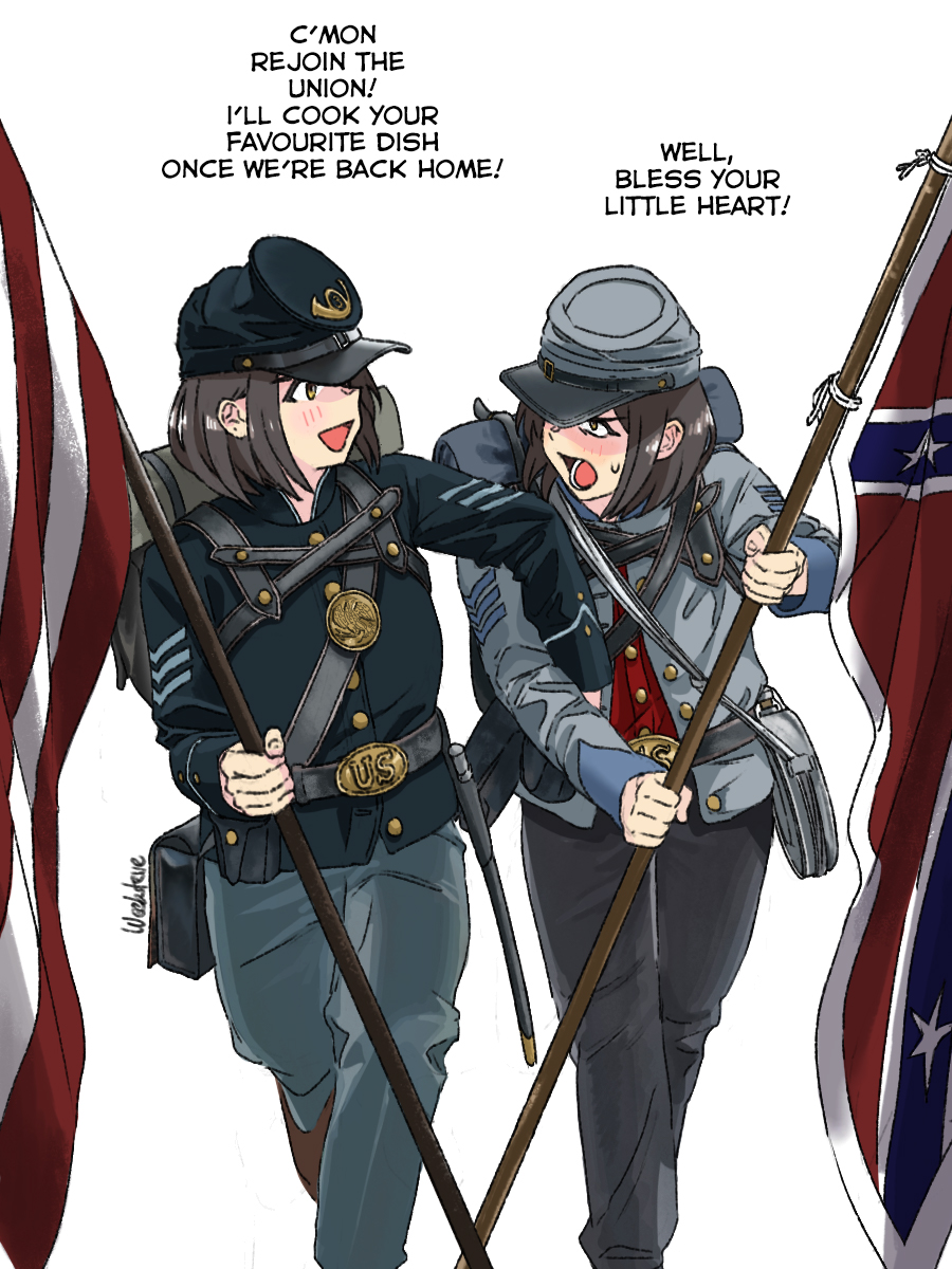 2girls, american_civil_war, american_flag, belt, brown_bag, brown_eyes, brown_hair, confederate_flag, english_text, flagpole, grey_bag, grey_jacket, grey_pants, hat, highres, holding, holding_pole, jacket, military_jacket, military_uniform, multiple_girls, open_mouth, original, pants, peaked_cap, pole, siblings, simple_background, sweat, twins, uniform, weebsteve, white_background