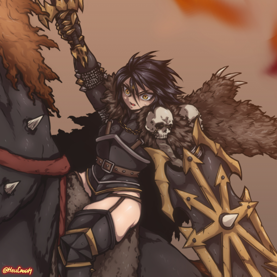 1girl, archaon_the_everchosen, armor, armored_leotard, artist_name, black_hair, black_horse, black_leotard