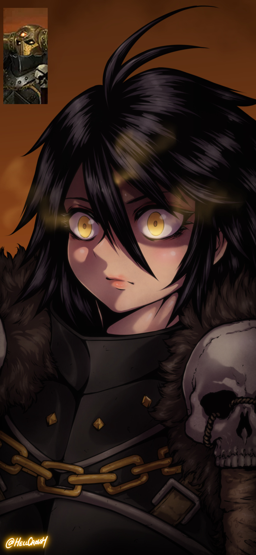 1girl, absurdres, archaon_the_everchosen, armor, artist_name, black_hair, chaos_(warhammer), closed_mouth