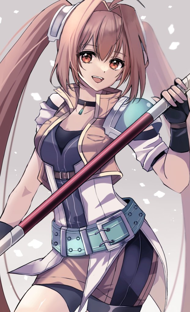 1girl, ahoge, antenna_hair, bike_shorts, black_gloves, breasts, brown_eyes, brown_hair, choker, cropped_jacket, double-parted_bangs, eiyuu_densetsu, estelle_bright, fingerless_gloves, gloves, grey_background, hair_between_eyes, hajimari_no_kiseki, holding, holding_staff, holding_weapon, long_hair, looking_at_viewer, natsusechoco, open_mouth, pendant_choker, sen_no_kiseki, sen_no_kiseki_iv, simple_background, small_breasts, smile, solo, staff, twintails, very_long_hair, weapon
