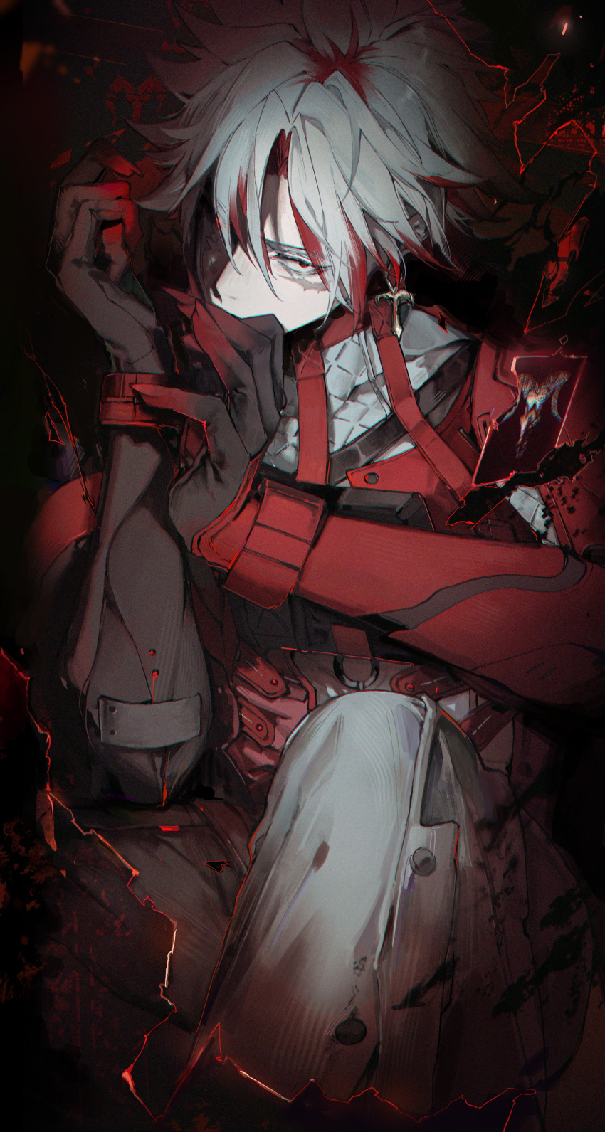 1boy, absurdres, black_eyes, blood, blood_on_hands, card, commentary, cross