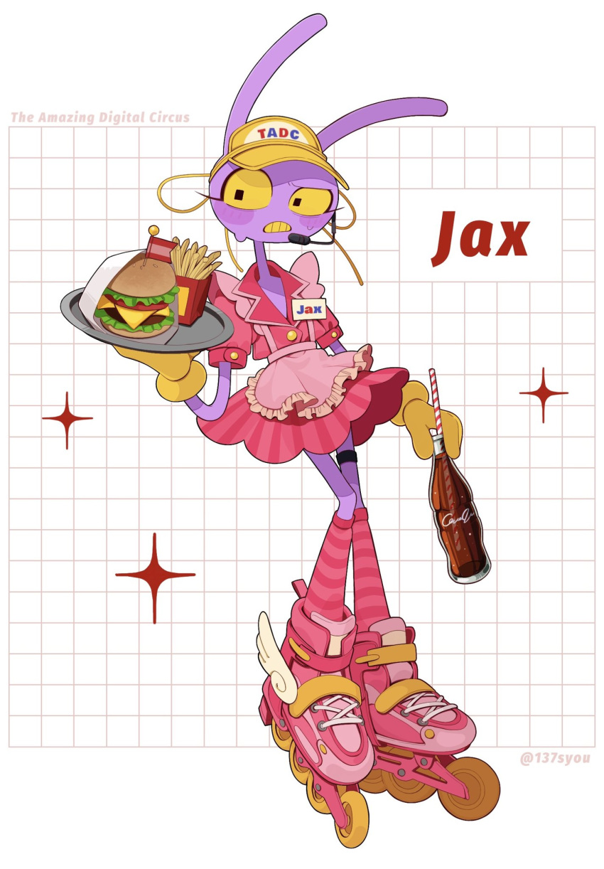 137syou, 1girl, animal_ears, apron, blush_stickers, burger, clenched_teeth, cola