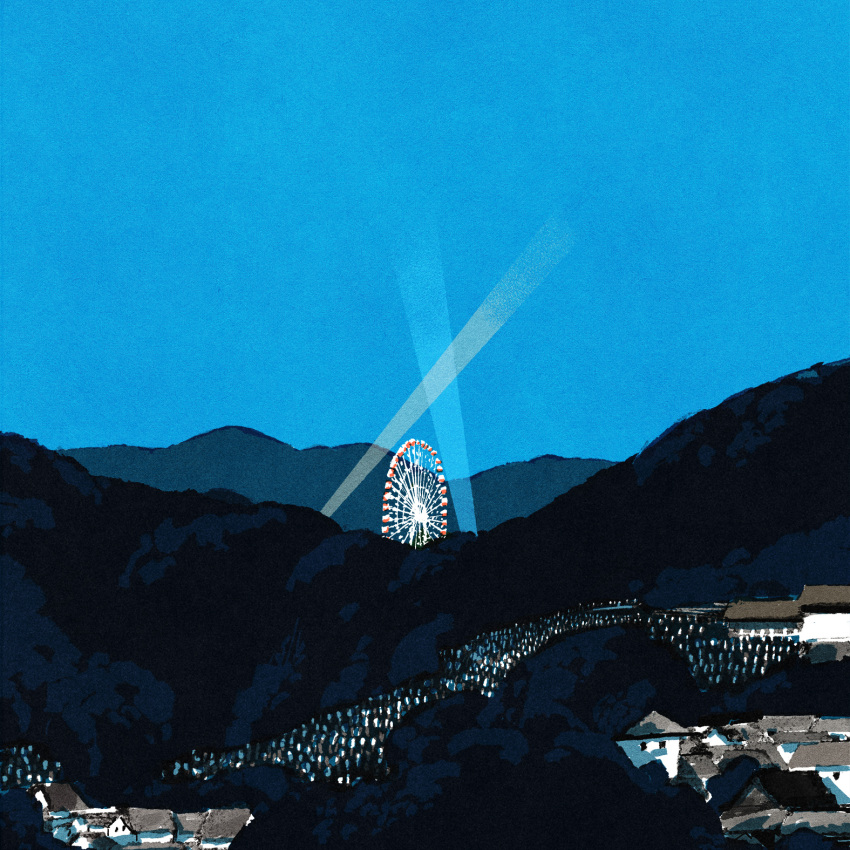 blue_sky, building, ferris_wheel, graveyard, highres, house, iida_kento, mountain
