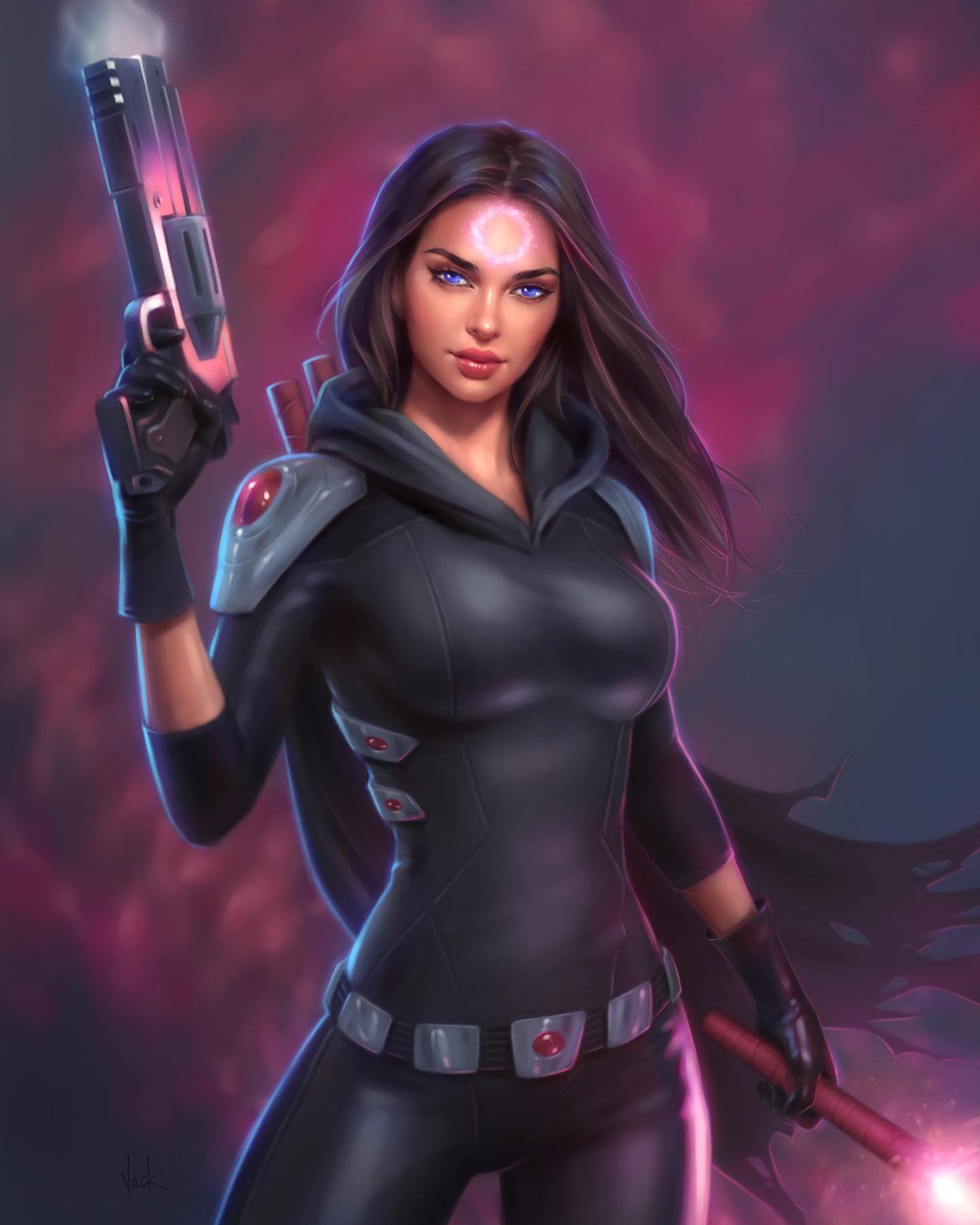 1girl, black_bodysuit, black_cape, black_gloves, black_hood, blue_eyes, bodysuit, breasts