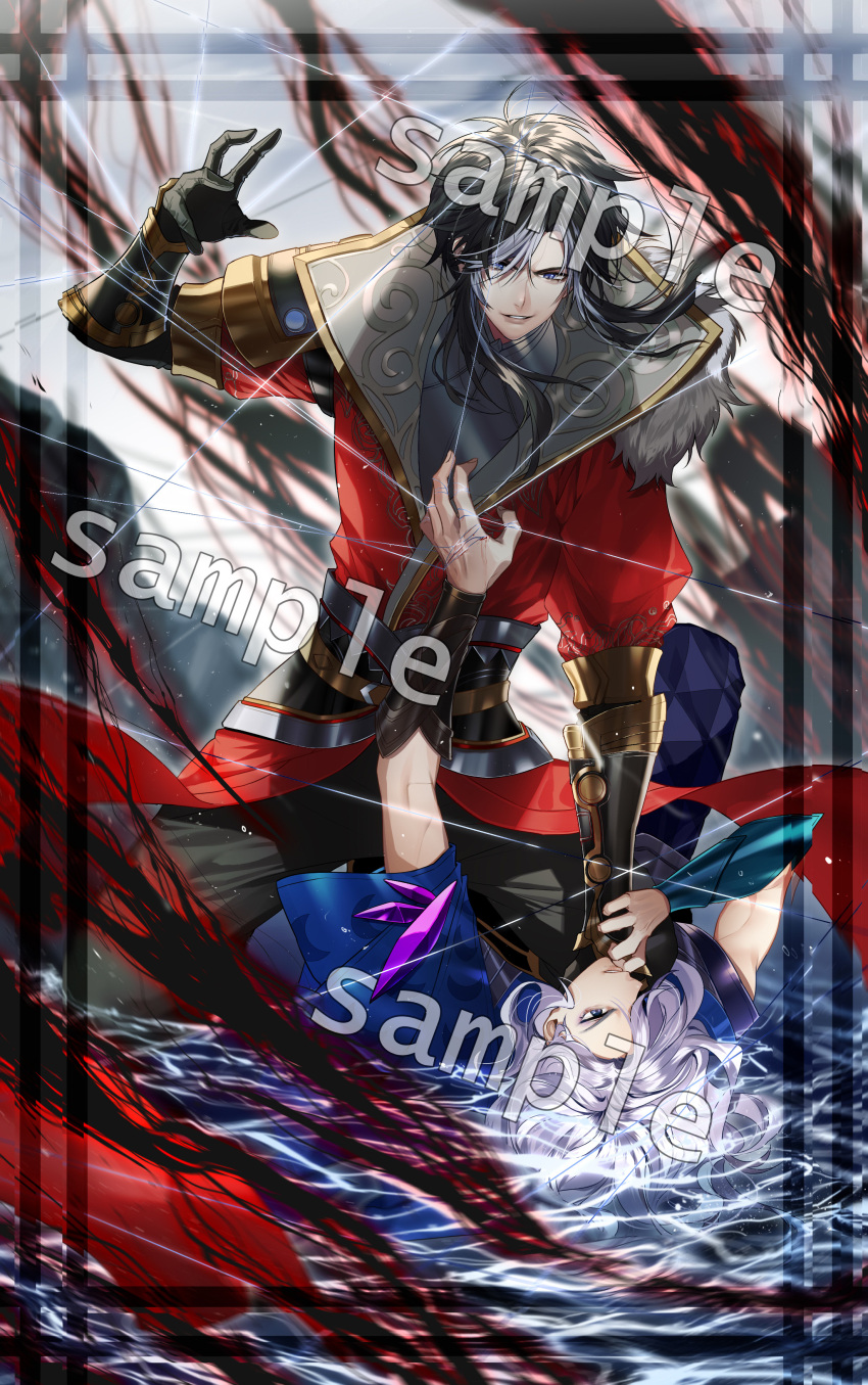 2boys, absurdres, black_gloves, black_hair, black_pants, blue_shirt, blue_sleeves, boy_on_top