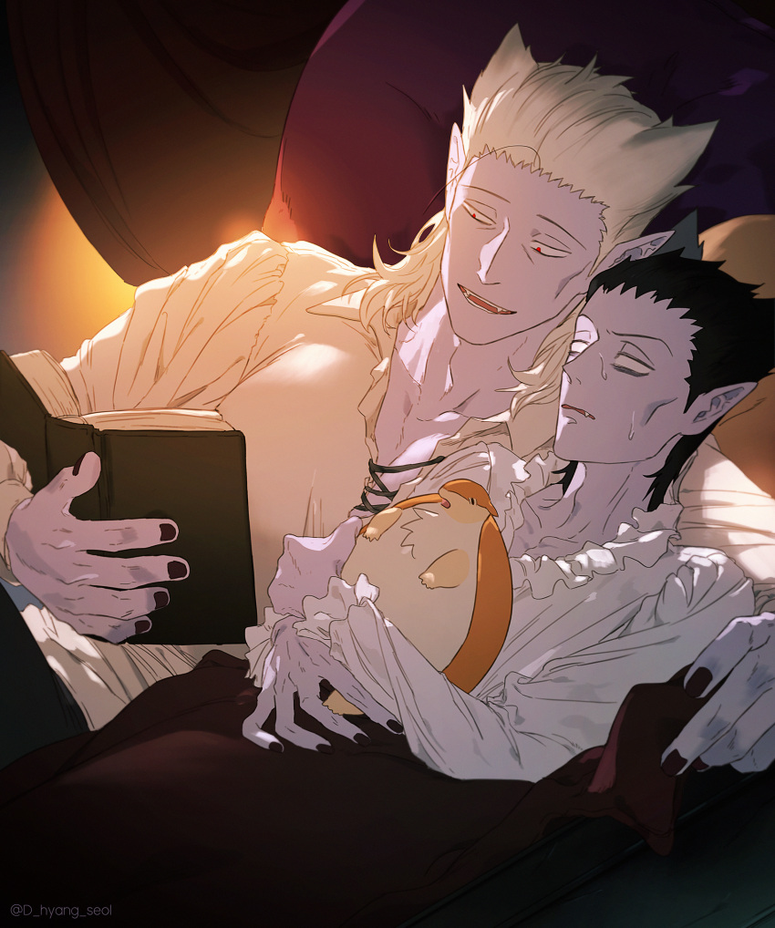 2boys, armadillo, black_hair, blank_eyes, blanket, book, cheekbones, draluc_(kyuuketsuki_sugu_shinu)