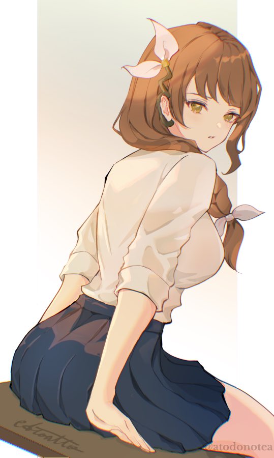 1girl, alternate_costume, atoatto, black_skirt, braid, braided_ponytail, breasts, brown_hair