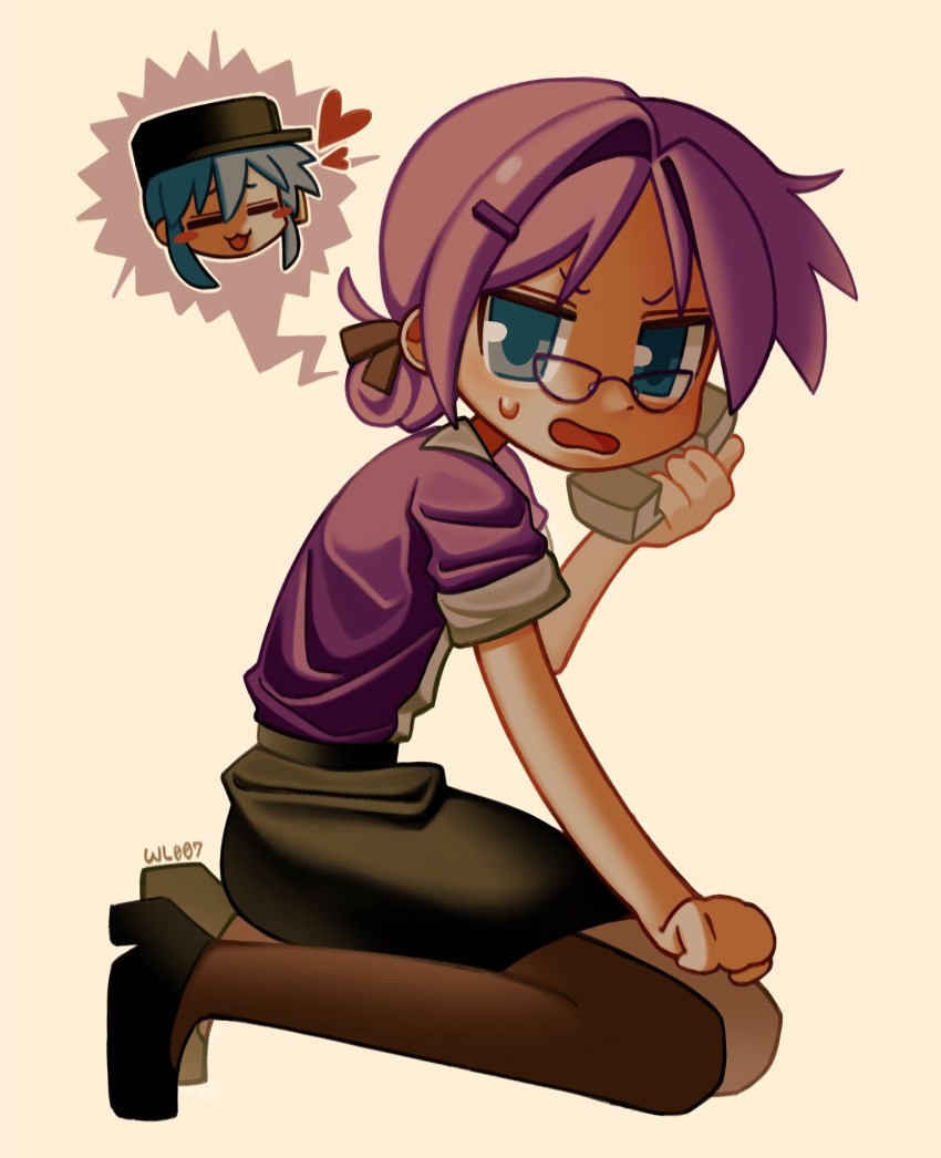 2girls, black_pantyhose, blue_eyes, blue_hair, cosplay, glasses, hair_ornament, hairclip