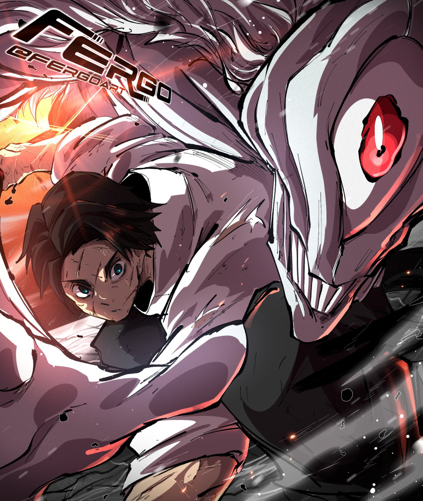 1boy, 1other, absurdres, black_hair, english_commentary, fergoart, highres, jujutsu_kaisen, monster, okkotsu_yuuta, orimoto_rika, scar, scar_on_face, shikigami, size_difference