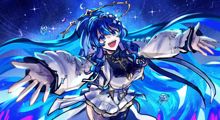 1girl, absurdres, blue_eyes, blue_hair, breasts, crescent, dress, halo, highres, indie_virtual_youtuber, long_hair, looking_at_viewer, minster_(dooke), nana_aster, nana_asteria, prism_project, solo, tagme, virtual_youtuber