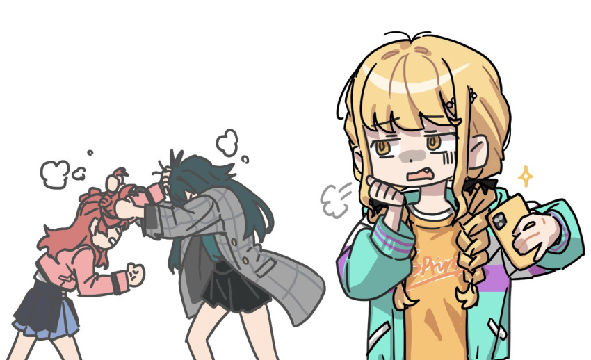 3girls, anger_vein, bikbuk14, blonde_hair, braid, catfight, cellphone, fang