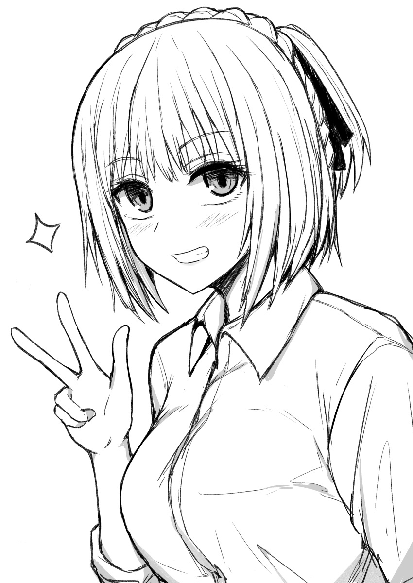 1girl, absurdres, blush, braid, breasts, commentary_request, crown_braid, dress_shirt