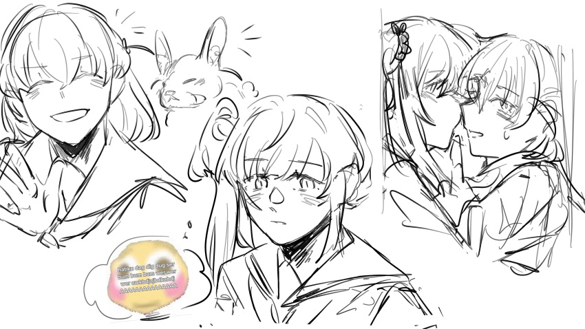 2girls, ^_^, absurdres, blush, closed_eyes, commentary, crossed_bangs, emoji