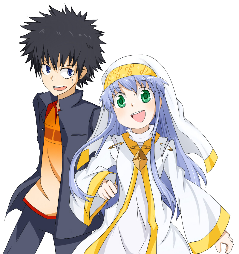 black_hair, blazer, blue_eyes, blue_hair, green_eyes, habit, index, kamijou_touma