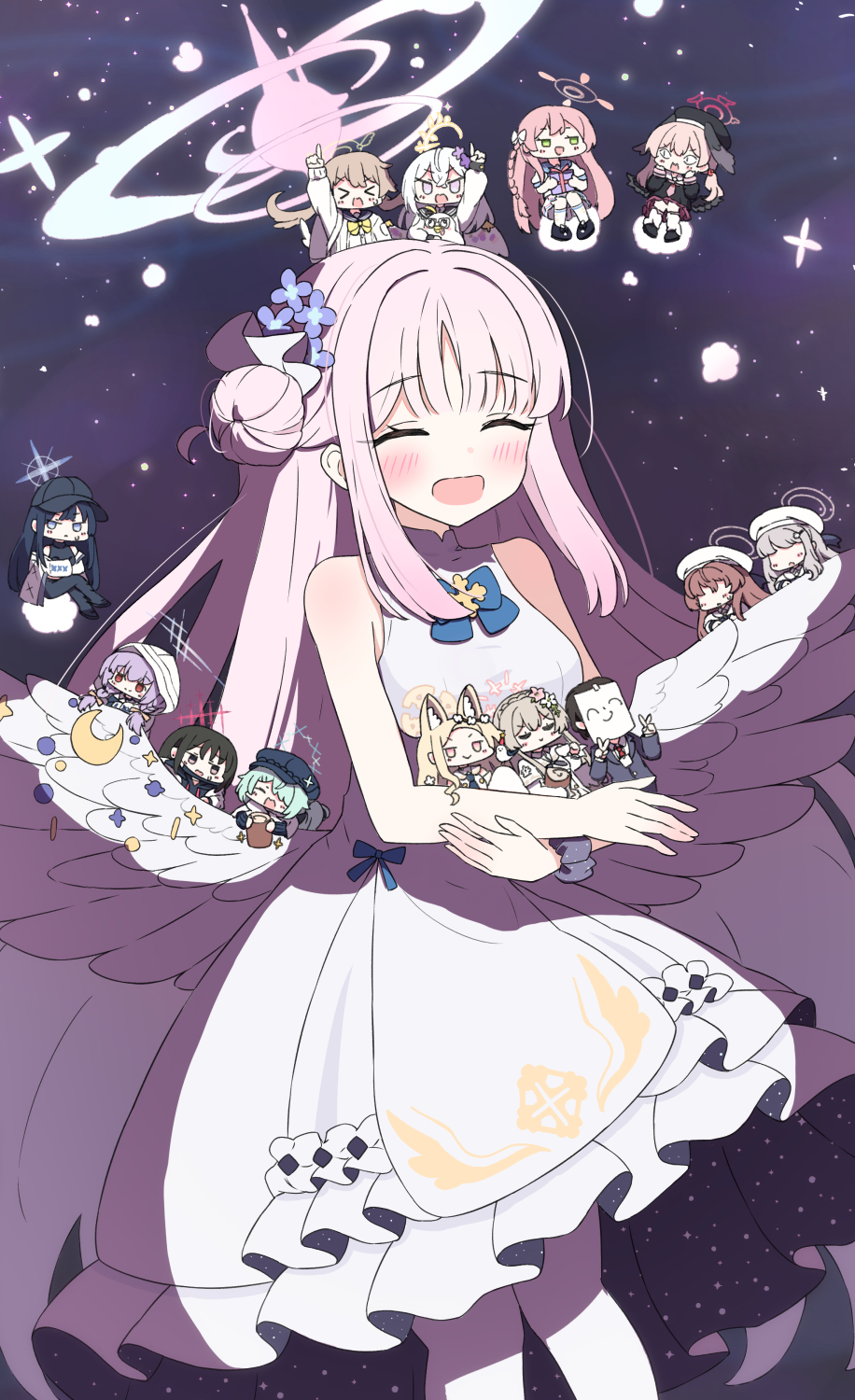 >_<, <|>_<|>, 1boy, 6+girls, ahoge, angel_wings, animal_ear_fluff, animal_ears, arius_squad_(blue_archive), atsuko_(blue_archive), azusa_(blue_archive), black_hair, black_wings, blonde_hair, blue_archive, blue_eyes, blue_halo, blush, braid, breasts, brown_eyes, brown_hair, closed_eyes, closed_mouth, dress, extra_ears, feathered_wings, flower, fox_ears, green_eyes, green_hair, green_halo, grey_halo, hair_bun, hair_flower, hair_ornament, hair_over_one_eye, halo, hanako_(blue_archive), head_wings, hifumi_(blue_archive), highres, hiyori_(blue_archive), koharu_(blue_archive), light_brown_hair, long_hair, low_twintails, make-up_work_club_(blue_archive), medium_breasts, mika_(blue_archive), mini_person, minigirl, misaki_(blue_archive), multiple_girls, nagisa_(blue_archive), open_mouth, pantyhose, pink_eyes, pink_hair, pink_halo, purple_flower, purple_hair, red_eyes, red_halo, saori_(blue_archive), sateto_(user_knrf2332), seia_(blue_archive), sensei_(blue_archive), short_hair, side_ponytail, single_braid, single_side_bun, sleeveless, sleeveless_dress, smile, tea_party_(blue_archive), tea_party_militant_(blue_archive), twin_braids, twintails, white_dress, white_hair, white_pantyhose, white_wings, wings, yellow_eyes, yellow_halo
