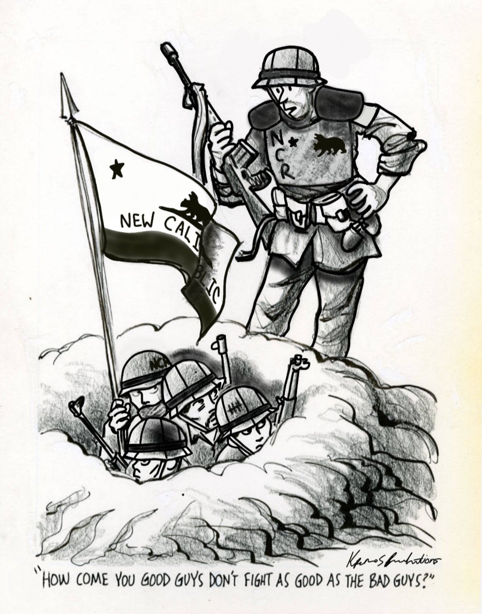 5boys, fallout:_new_vegas, fallout_(series), flag, flagpole, foxhole, greyscale, gun