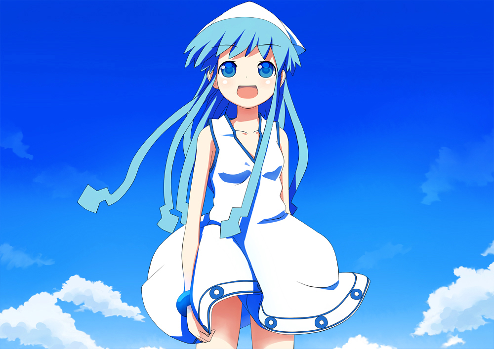 blue_hair, bracelet, dress, hat, ikamusume, jewelry, long_hair, naono