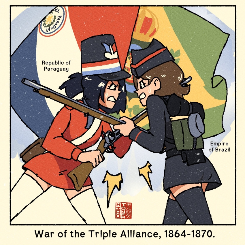 artist_logo, backpack, bag, black_dress, black_eyes, black_hair, black_thighhighs, brazilian_empire_flag, brown_hair, dress, epaulettes, gun, hat, highres, hirotonfa, historical_event, holding, holding_weapon, military_uniform, paraguayan_flag, peaked_cap, real_life, red_dress, short_hair, soldier, thigh-highs, uniform, weapon, white_thighhighs