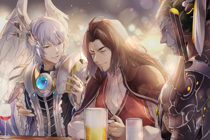 3boys, alcohol, beer, brown_hair, cape, colored_skin, cup, dunban_(xenoblade)