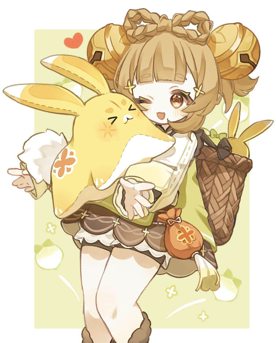 >_<, 1girl, :3, ;d, bag, basket, bell, bloomers