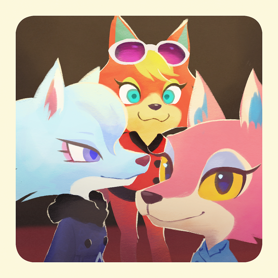 3girls, animal_crossing, audie_(animal_crossing), blonde_hair, blue_coat, blue_eyes, border, closed_mouth
