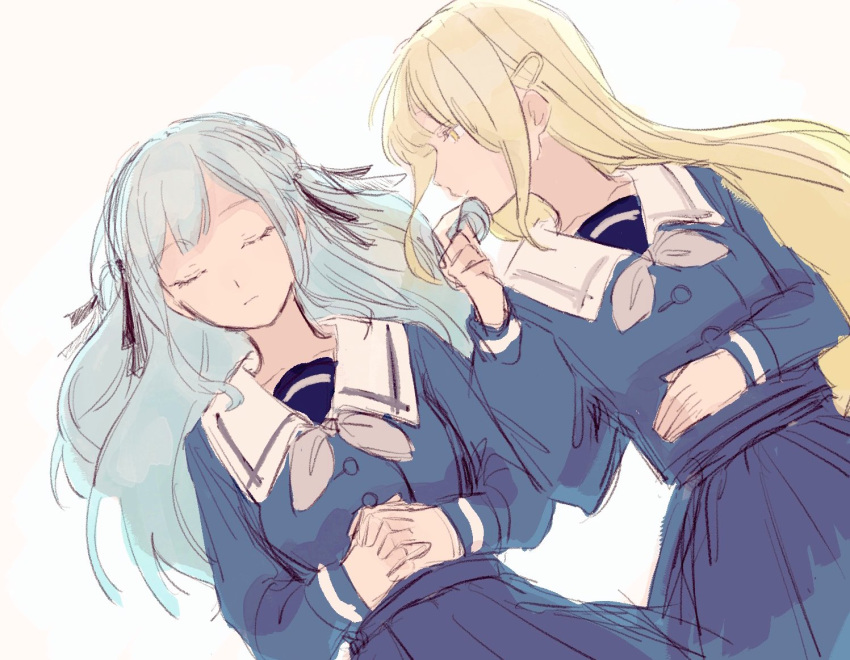 2girls, bang_dream!, bang_dream!_it's_mygo!!!!!, black_ribbon, blonde_hair, blue_hair, blue_shirt, blue_skirt