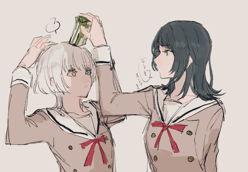 2girls, bang_dream!, bang_dream!_it's_mygo!!!!!, black_hair, blue_eyes, brown_background, brown_dress, commentary_request