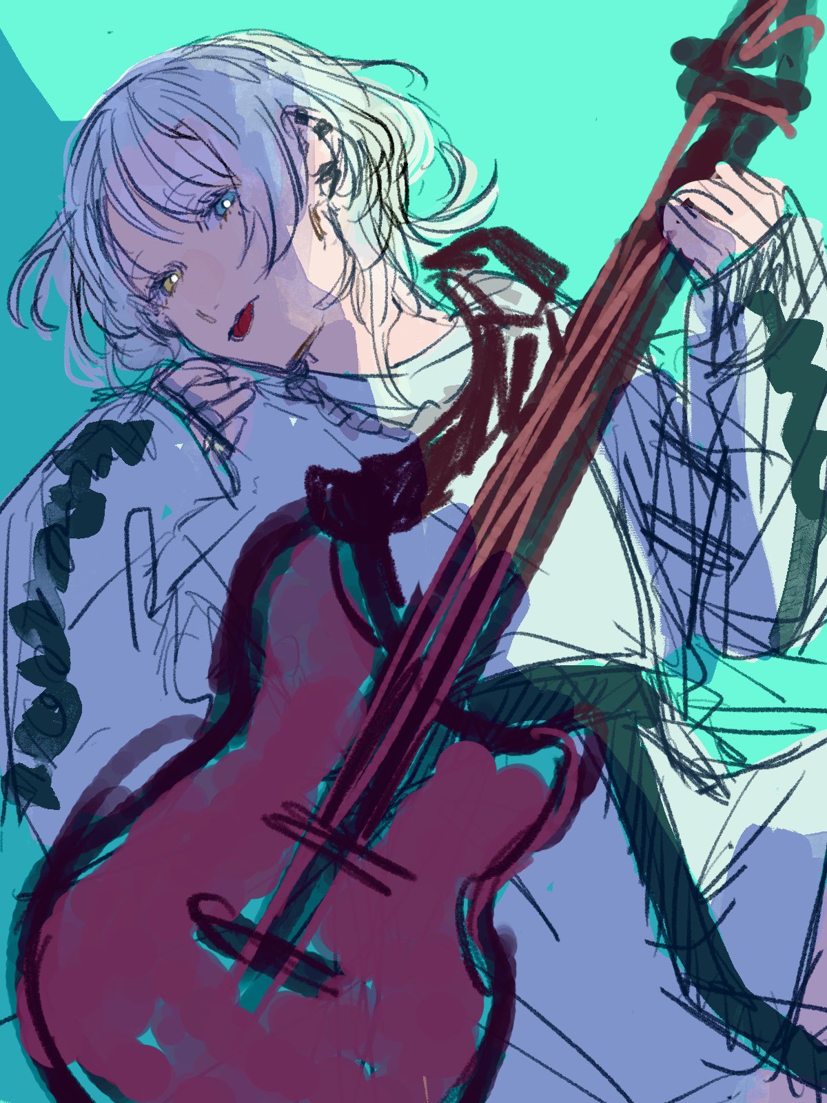 1girl, bang_dream!, bang_dream!_it's_mygo!!!!!, blue_background, blue_eyes, commentary, earclip, guitar