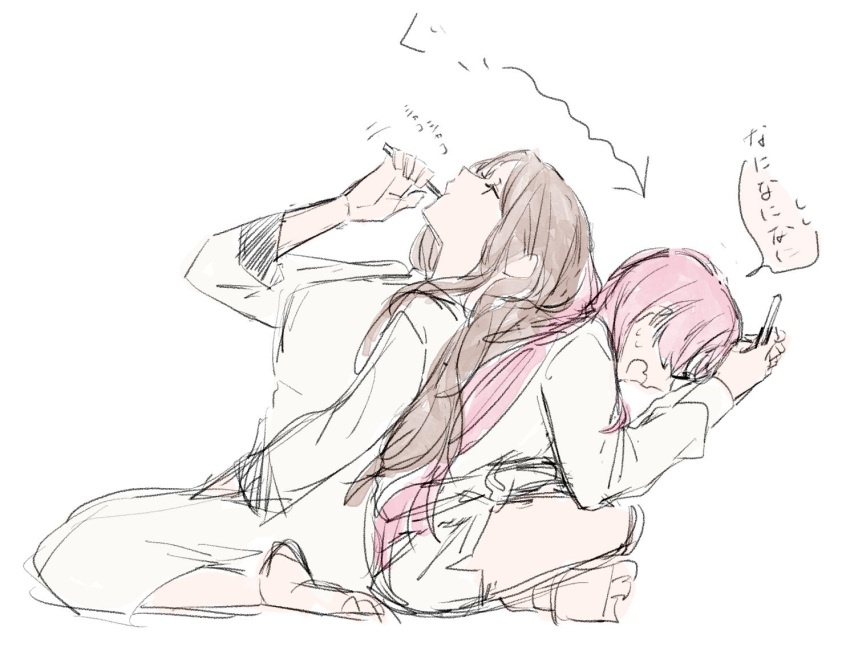 2girls, bang_dream!, bang_dream!_it's_mygo!!!!!, brown_hair, brushing_teeth, chihaya_anon, commentary_request, crossed_legs