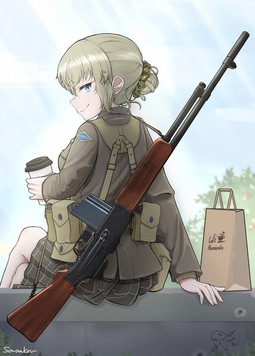 1girl, absurdres, adapted_uniform, aqua_eyes, bag, blonde_hair, bullet_hole, camouflage_scrunchie