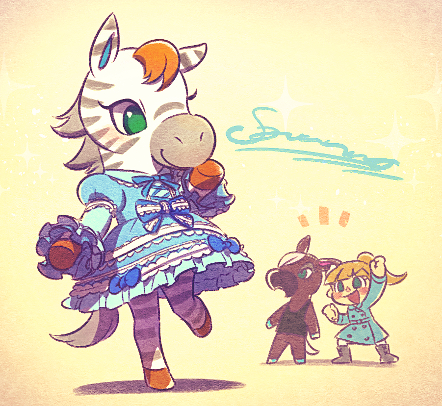 3girls, animal_crossing, animal_ears, arm_up, black_tank_top, blonde_hair, blue_bow, blue_coat