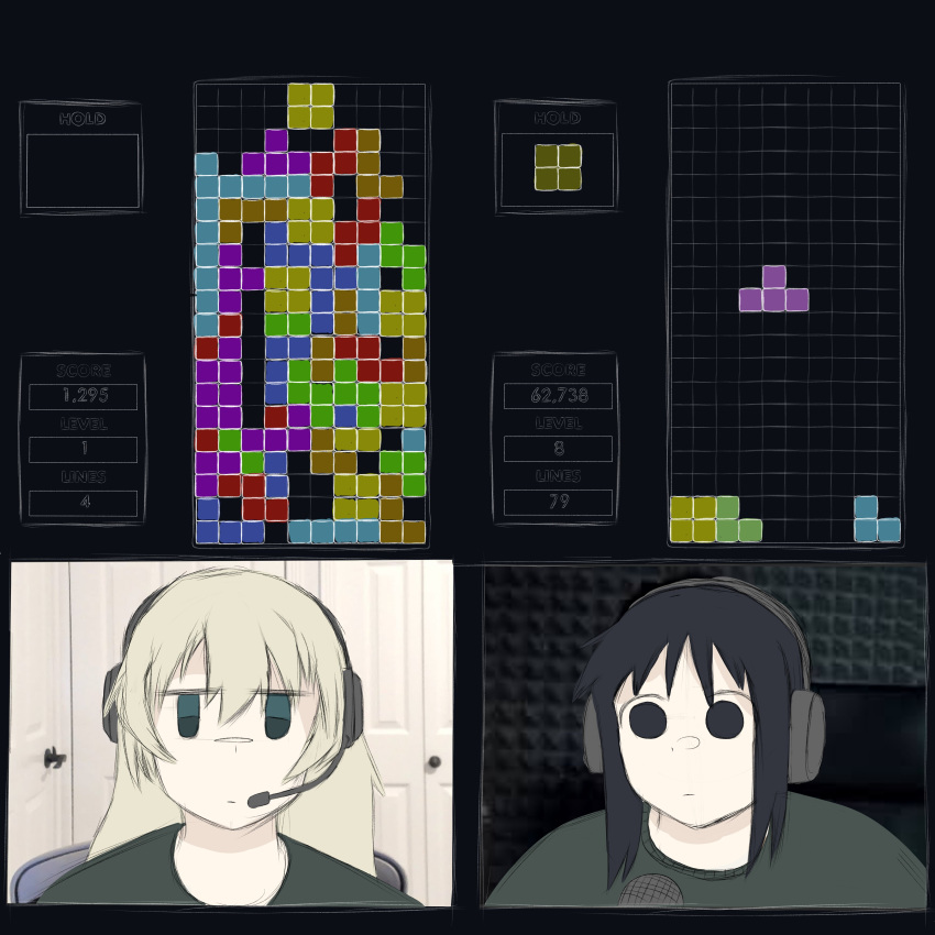 2girls, absurdres, black_eyes, black_hair, blonde_hair, chito_(shoujo_shuumatsu_ryokou), commentary, english_commentary, expressionless, green_shirt, headset, highres, jitome, long_hair, looking_at_viewer, meme, multiple_girls, photo_background, playing_games, sad_linus_(meme), shirt, shoujo_shuumatsu_ryokou, sidelocks, soto_robo, tetris, yuuri_(shoujo_shuumatsu_ryokou)