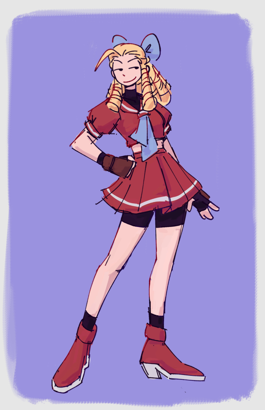 1girl, absurdres, antenna_hair, artsywak, bike_shorts, black_shorts, black_socks, blue_background
