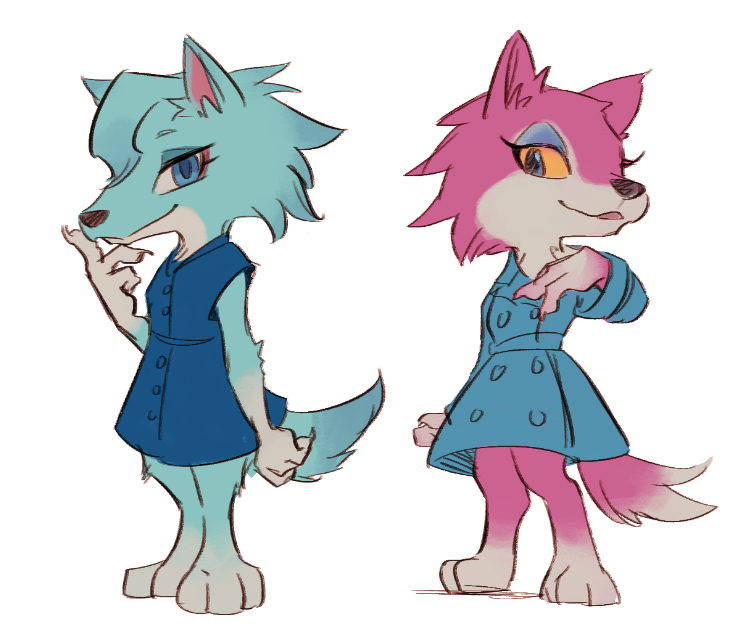 2girls, animal_crossing, blue_coat, blue_dress, blue_eyes, closed_mouth, coat, colored_sclera, dress, eyelashes, fingernails, freya_(animal_crossing), full_body, furry, furry_female, long_sleeves, looking_at_viewer, multiple_girls, parted_lips, sharp_fingernails, simple_background, sleeveless, sleeveless_dress, standing, ukata, white_background, whitney_(animal_crossing), wolf_girl, yellow_sclera