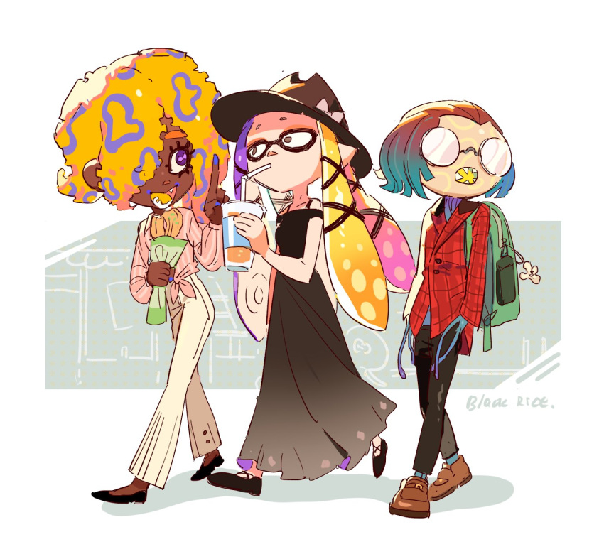 3girls, aqua_hair, artist_name, backpack, bag, black_dress, black_footwear, black_hat