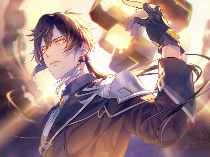 1boy, black_coat, black_gloves, blurry, blurry_background, brown_hair, closed_mouth, coat