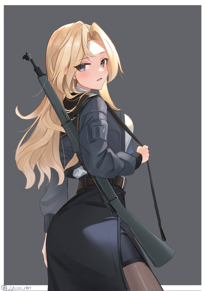 1girl, belt, belt_buckle, black_belt, black_pantyhose, black_skirt, blonde_hair, blush