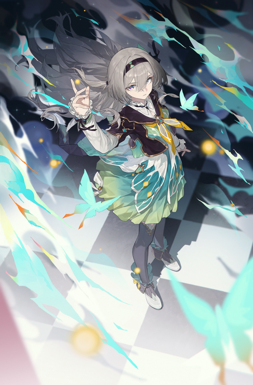 1girl, aqua_skirt, arm_up, black_hairband, black_jacket, black_thighhighs, checkered_floor, closed_mouth