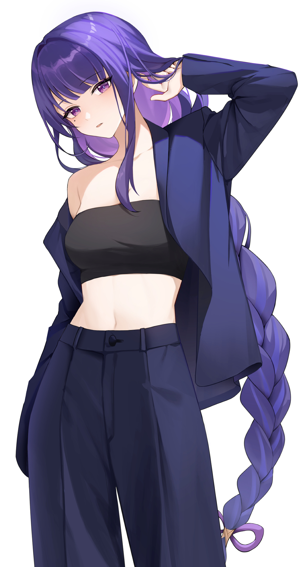 1girl, blue_pants, blue_suit, coat, colored_inner_hair, crop_top, genshin_impact, highres, long_hair, low-braided_long_hair, low-tied_long_hair, mole, mole_under_eye, multicolored_hair, navel, open_clothes, open_coat, pants, purple_hair, raiden_shogun, simple_background, solo, suit, tt0215, violet_eyes, white_background