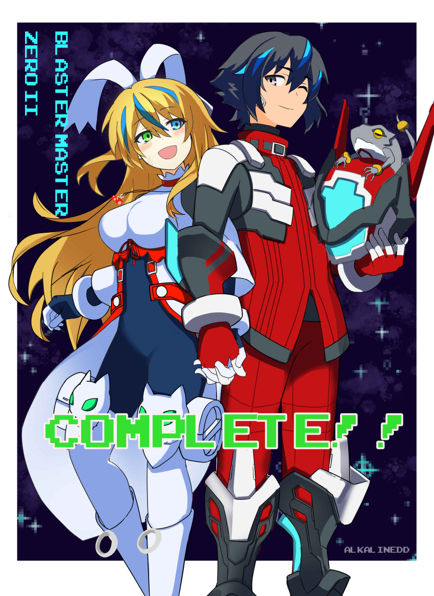 1boy, 1girl, absurdres, alkalinedd, android, assault_visor, black_bodysuit, black_hair