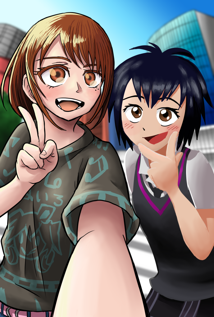 2girls, asymmetrical_bangs, belt, black_hair, black_necktie, black_skirt, blue_sky, brown_eyes