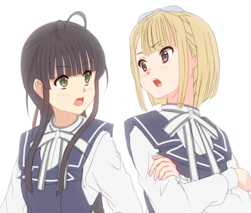 22/7, 2girls, angry, antenna_hair, arguing, black_hair, blonde_hair, bxtbsy7q76gxh73