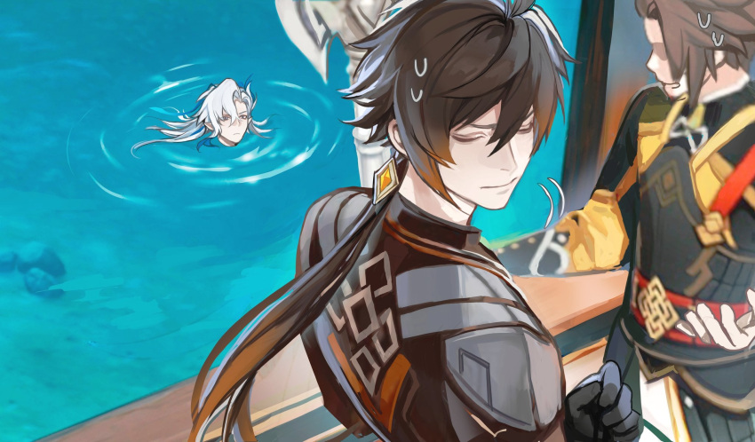 3boys, antenna_hair, belt, black_gloves, black_jacket, blue_hair, brown_hair, brown_jacket, clenched_hand, closed_eyes, closed_mouth, crystal, crystal_hair_ornament, day, english_commentary, feather_hair_ornament, feathers, genshin_impact, gloves, gradient_hair, hair_between_eyes, hair_ornament, hand_up, highres, jacket, long_hair, long_sleeves, looking_at_another, male_focus, multicolored_hair, multiple_boys, neuvillette_(genshin_impact), no_eyes, ocean, orange_hair, outdoors, pointy_ears, ponytail, red_belt, rock, ship, short_hair, standing, suit, sweatdrop, teeth, thijikoy, two-tone_hair, v-shaped_eyebrows, violet_eyes, water, watercraft, white_gloves, white_hair, zhongli_(genshin_impact)