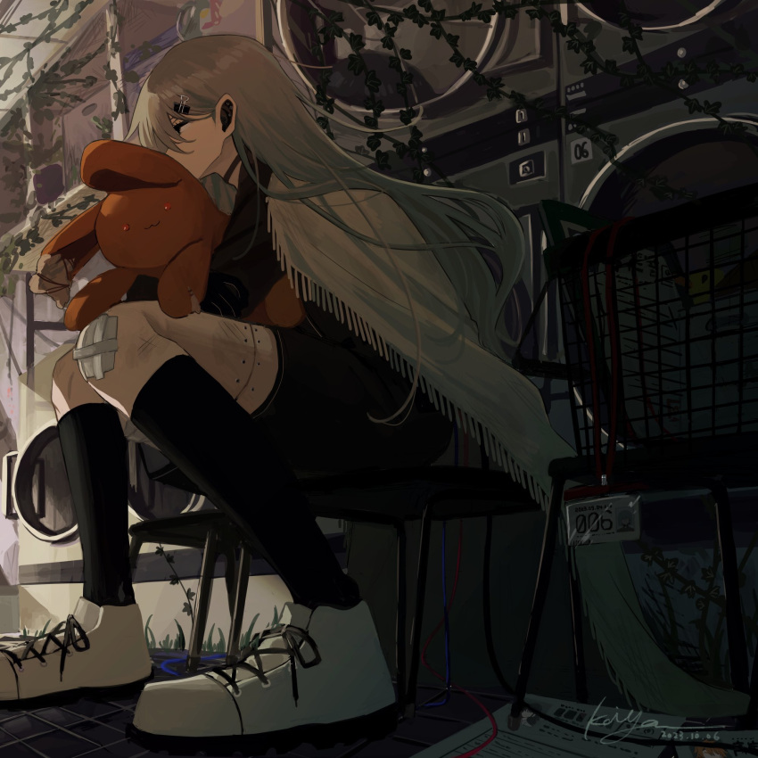 1girl, bandaid, bandaid_on_knee, bandaid_on_leg, basket, black_shorts, black_socks, chair
