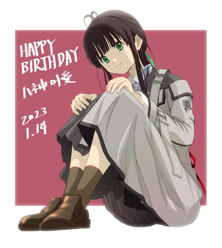 1girl, 22/7, antenna_hair, black_hair, bow, bxtbsy7q76gxh73, character_name, closed_mouth, dated, dress, green_eyes, hair_bow, happy_birthday, highres, knees_to_chest, long_hair, looking_at_viewer, shoes, sitting, socks, solo, yagami_toa