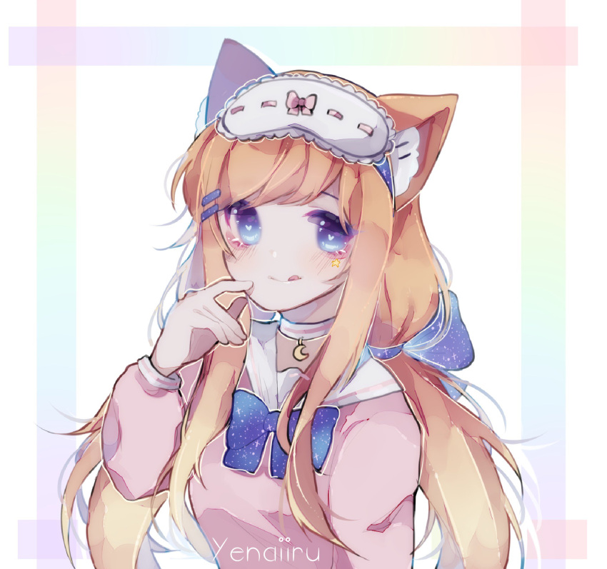 1girl, animal_ear_fluff, animal_ears, back_bow, blonde_hair, blush, cat_ears, fang