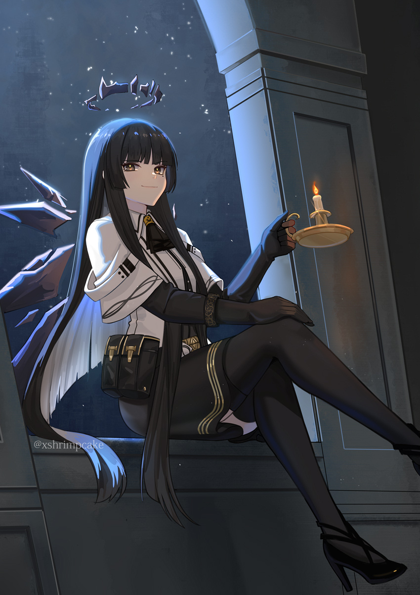 1girl, arknights, ascot, black_ascot, black_footwear, black_gloves, black_hair, black_skirt, black_thighhighs, blunt_bangs, bright_pupils, candle, commentary, fire, foot_out_of_frame, gloves, grey_eyes, halo, high_heels, highres, holding, long_hair, looking_at_viewer, miniskirt, night, night_sky, pouch, shirt, sitting, skirt, sky, smile, solo, supershrimpcakes, thigh-highs, very_long_hair, virtuosa_(arknights), white_pupils, white_shirt