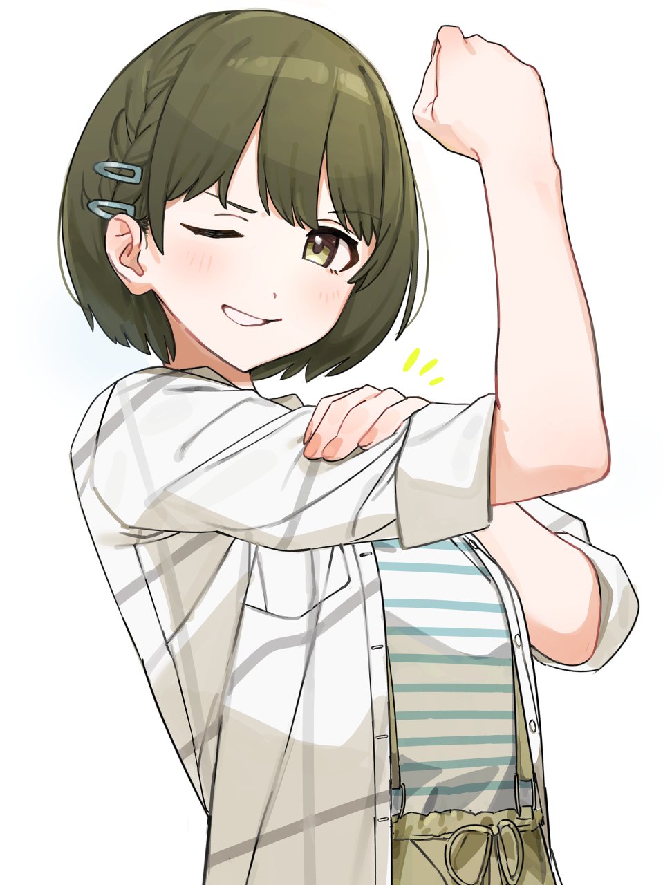 1girl, 2kai_floor, alternate_hairstyle, blue_shirt, blush, braid, breasts, clenched_hand
