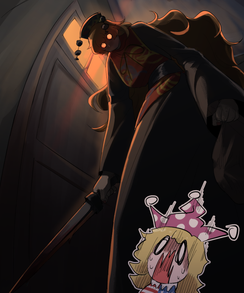 2girls, alternate_height, american_flag_dress, bag, blonde_hair, breasts, clenched_hand, clownpiece