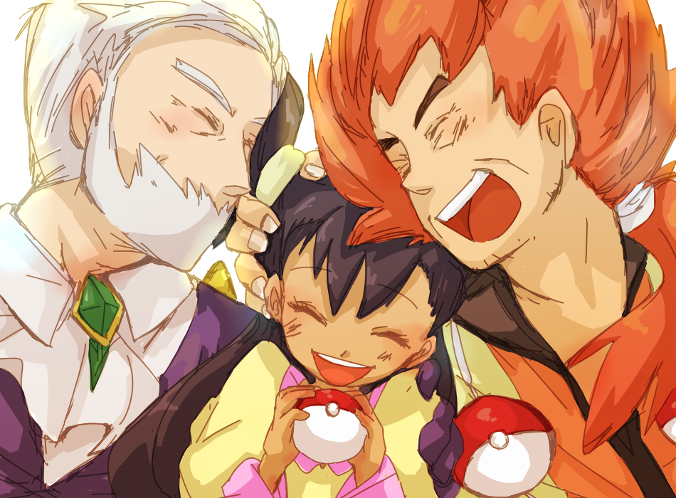 adeku_(pokemon), black_hair, blush, closed_eyes, dark_skin, dreamearth, facial_hair, grey_hair, gym_leader, iris_(pokemon), long_hair, multiple_boys, open_mouth, petting, poke_ball, pokemon, pokemon_(game), pokemon_black_and_white, pokemon_bw, ponytail, red_hair, redhead, shaga_(pokemon), smile
